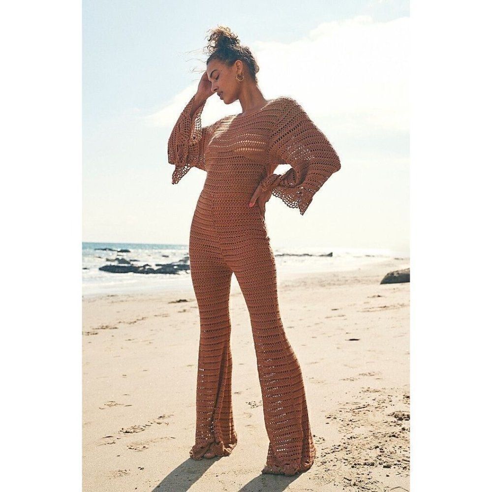 NEW FREE PEOPLE Sz XS DESERT ROADS CROCHET ONE PIECE JUMPSUIT IN LUCKY PENNY